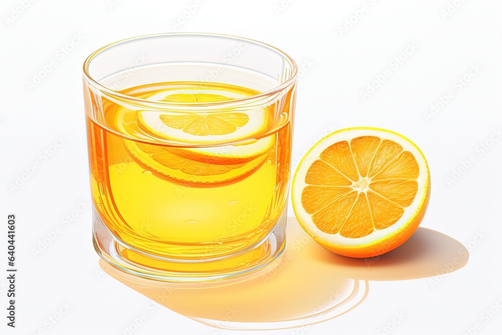 Glass with orange juice and oranges on the side, white background. Generative AI