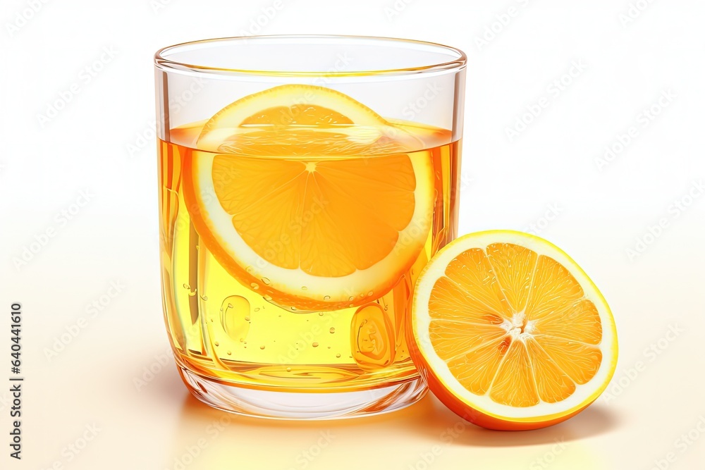 Glass with orange juice and oranges on the side, white background. Generative AI Glass with orange juice and oranges on the side, white background. Generative AI