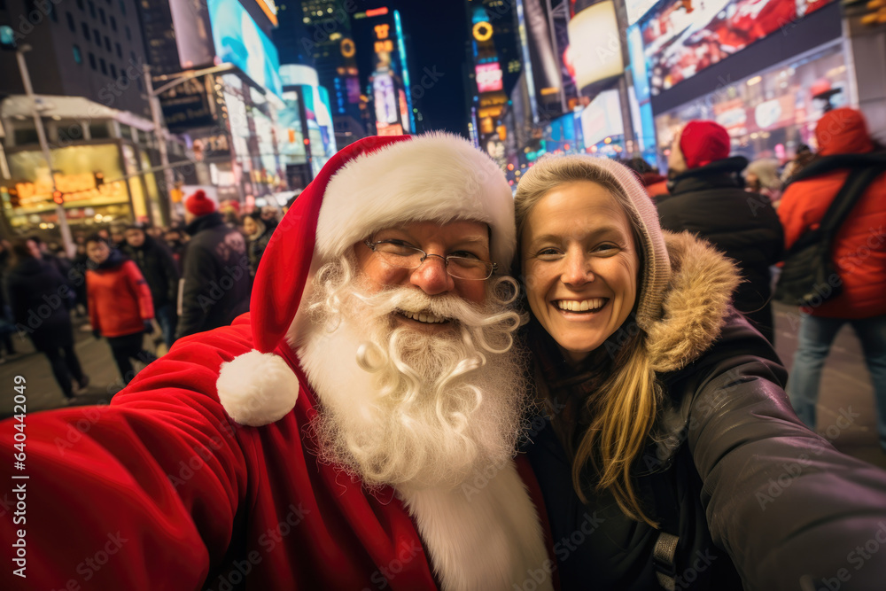 wide angle selfie picture taken with a pocket camera of a happy woman and santa claus looking at the camera in times square wide angle selfie picture taken with a pocket camera of a happy woman and santa claus looking at the camera in times square