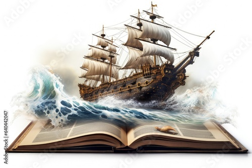 Pirate ship coming out of a book, fantasy concept, white background. Generative AI photo