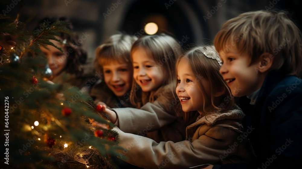 joyful kids gathered around a beautifully decorated tree
