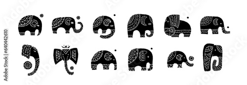 Elephant family, black silhouette isolated on white. Ethnic ornament. Art for your design