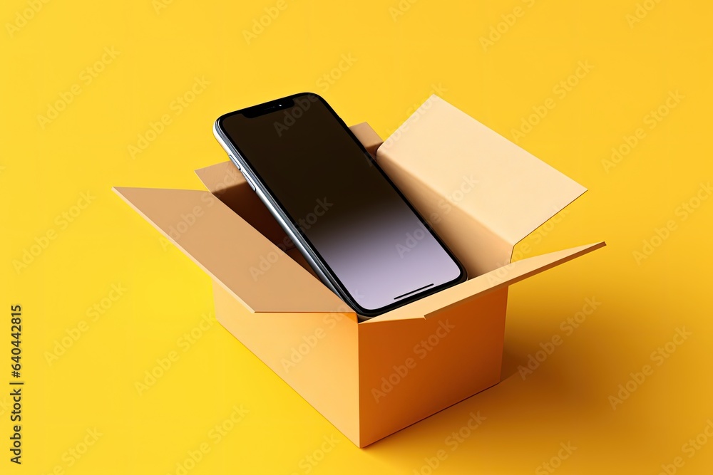 Obraz premium Mobile phone inside a cardboard box, yellow background, delivery and technology concept. Generative AI