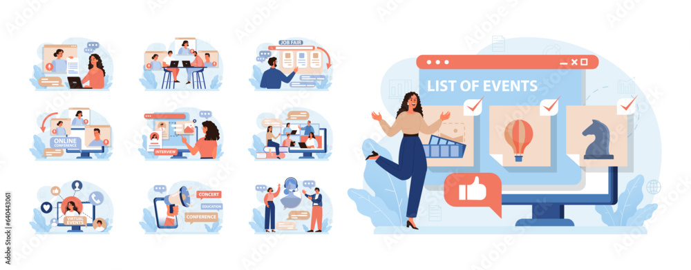 Virtual events set. Online education, conference, exhibition, friends