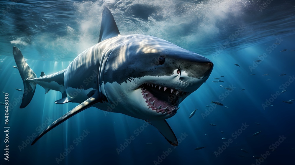 Obraz premium Close up of a Great White Shark swimming in the deep Ocean. Natural Background with beautiful Lighting