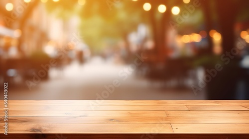 wooden table with lights background with bokeh effect. generative ai