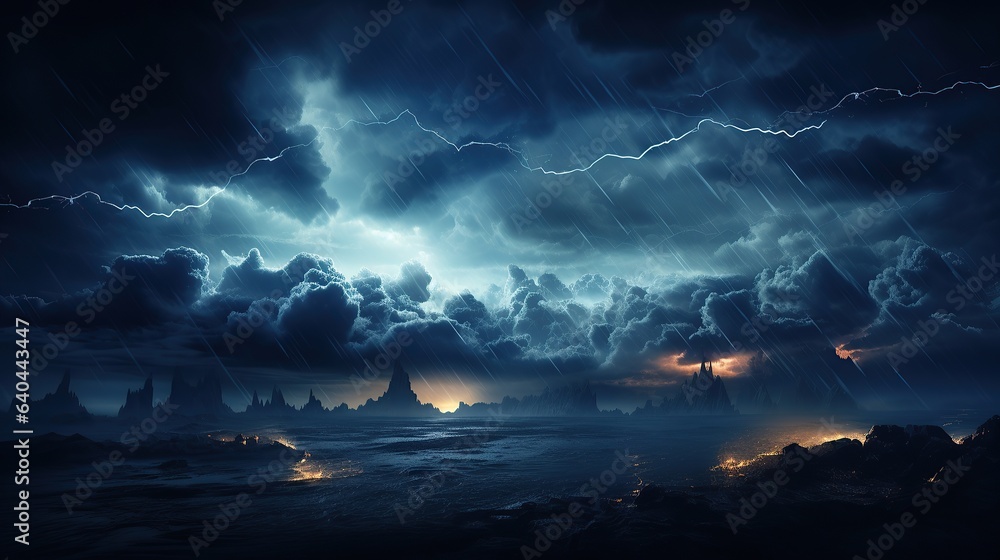 Epic battle between elemental forces in a magical paradise, with swirling storms, bursts of magical energy