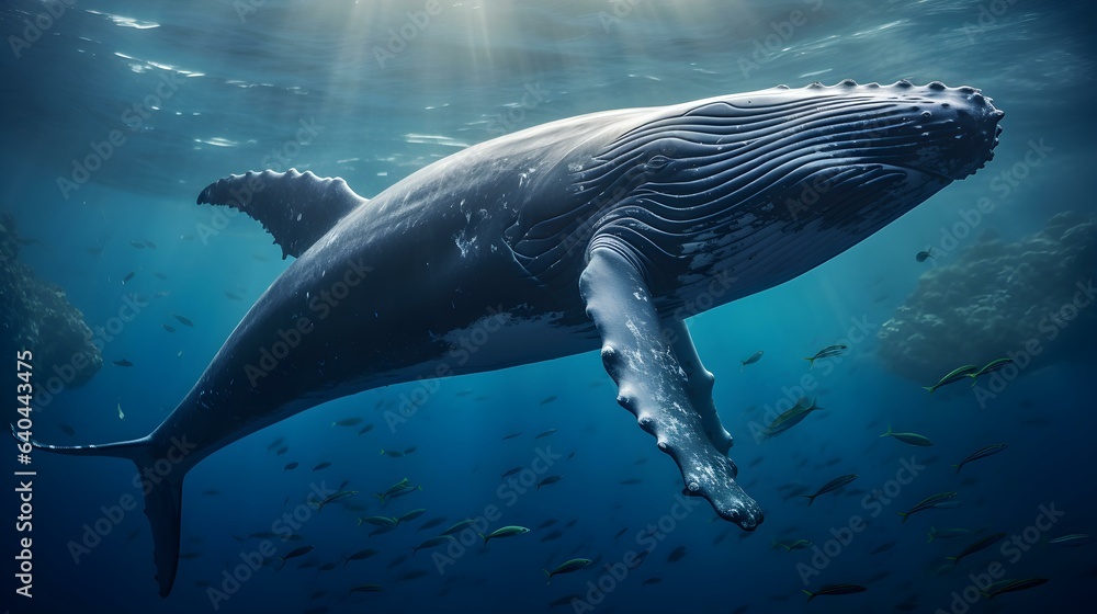 Obraz premium Close up of a Humpback Whale swimming in the deep Ocean. Natural Background with beautiful Lighting