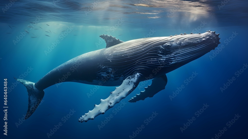 Close up of a Humpback Whale swimming in the deep Ocean. Natural Background with beautiful Lighting