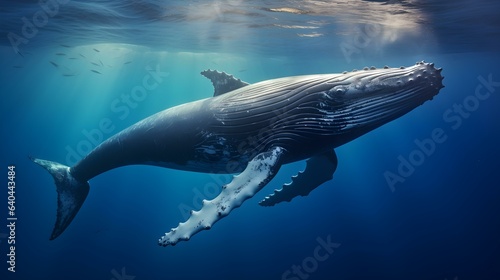 Close up of a Humpback Whale swimming in the deep Ocean. Natural Background with beautiful Lighting © Florian