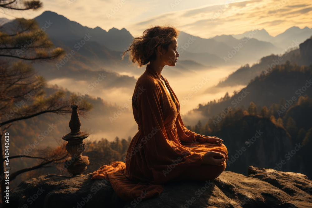 A woman meditates on a mountaintop, embracing the tranquil surroundings and finding solace in the stillness of the moment. Generative Ai.