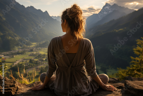 A traveler practices yoga on a serene mountaintop, with panoramic views and fresh air contributing to a sense of renewal. Generative Ai.