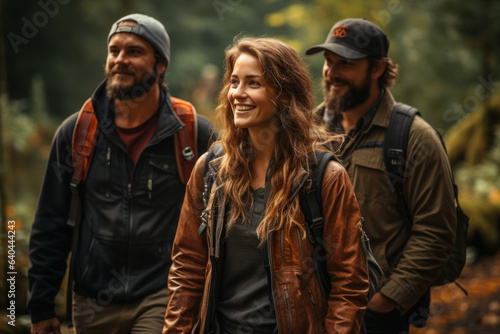 A group of friends enjoys a nature hike  connecting with each other and nature as part of their effort to prevent burnout. Generative Ai.