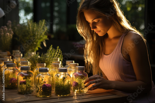 A woman practices aromatherapy using essential oils, harnessing their therapeutic scents to alleviate stress and promote calmness. Generative Ai.