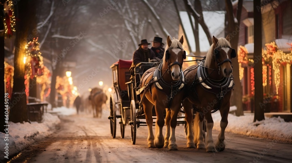 Horse-drawn carriage rides through a charming Winter Wonderland village
