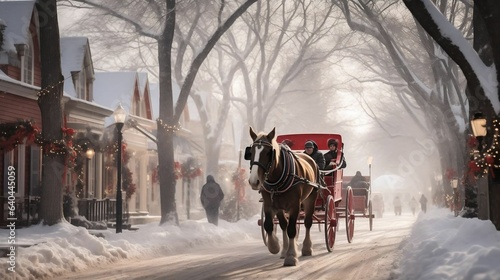 Fotografia Horse-drawn carriage rides through a charming Winter Wonderland village