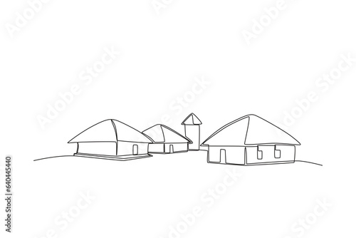 People's houses in the village. Village one-line drawing