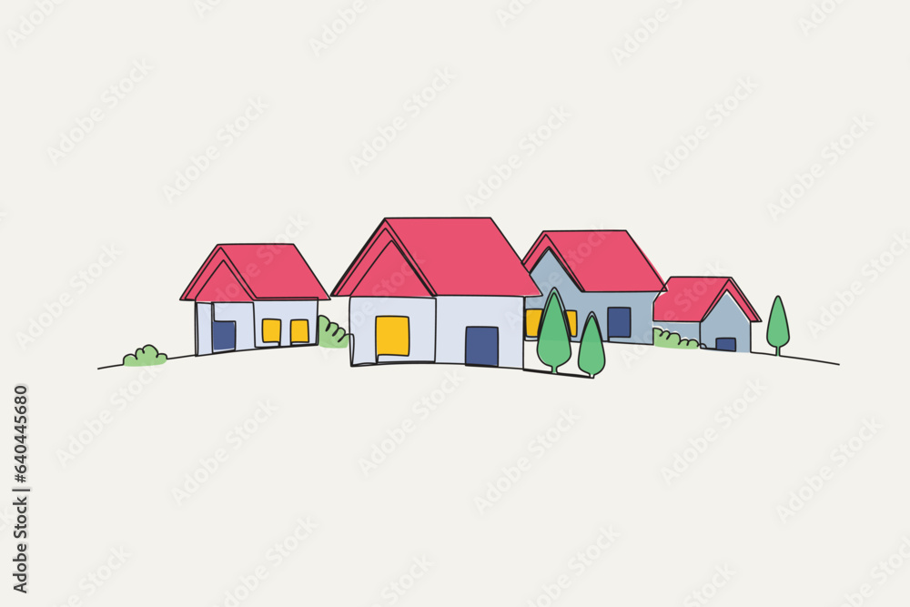 Color illustration of a densely populated village. Village one-line drawing Color illustration of a densely populated village. Village one-line drawing