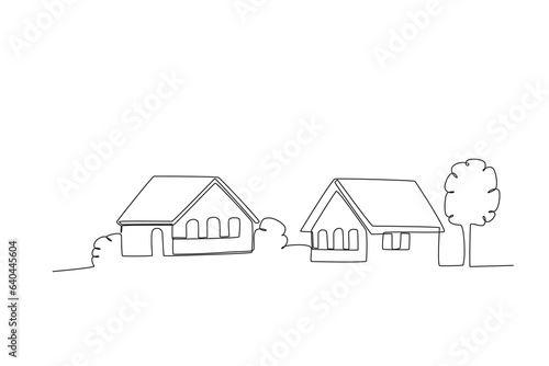 Two houses with plants around them. Village one-line drawing