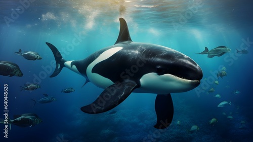Close up of a Orca Whale swimming in the clear Ocean. Natural Background with beautiful Lighting