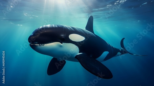 Close up of a Orca Whale swimming in the clear Ocean. Natural Background with beautiful Lighting