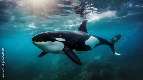 Close up of a Orca Whale swimming in the clear Ocean. Natural Background with beautiful Lighting © Florian