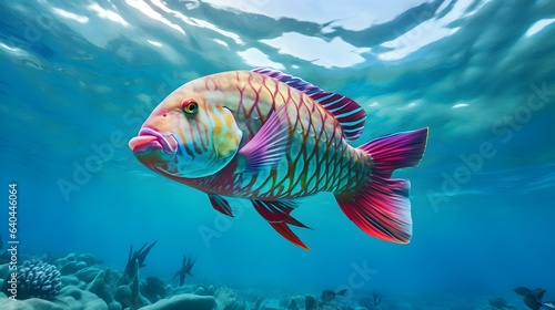 Close up of a Parrotfish swimming in the clear Ocean. Natural Background with beautiful Lighting