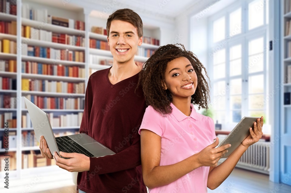 Young happy student in library, Education concept, AI generated image Young happy student in library, Education concept, AI generated image