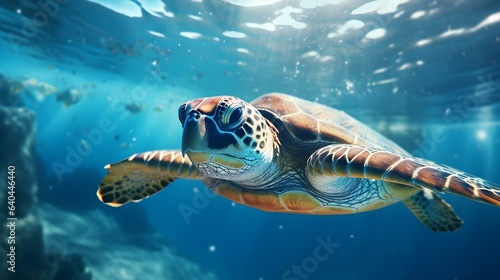 Close up of a Sea Turtle swimming in the clear Ocean. Natural Background with beautiful Lighting © Florian