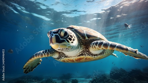 Close up of a Sea Turtle swimming in the clear Ocean. Natural Background with beautiful Lighting