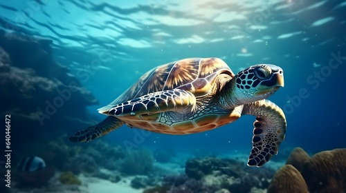 Close up of a Sea Turtle swimming in the clear Ocean. Natural Background with beautiful Lighting