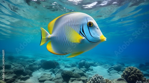 Close up of a Surgeonfish swimming in the clear Ocean. Natural Background with beautiful Lighting