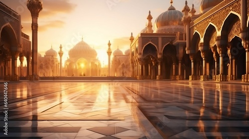 Geometrically intricate Islamic mosque under golden sunset 