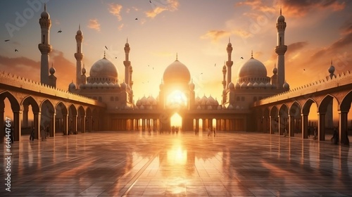 Geometrically intricate Islamic mosque under golden sunset 