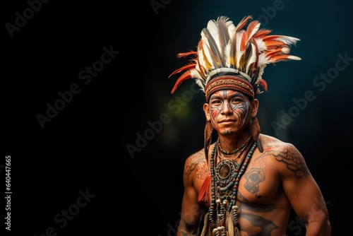 Homem Indigena da Amazonia Com Pinturas Corporais e Espaco para Copy. Generative AI photo