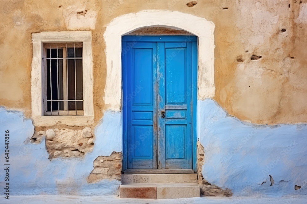 Old ancient colorful textured door and window in a stone wall