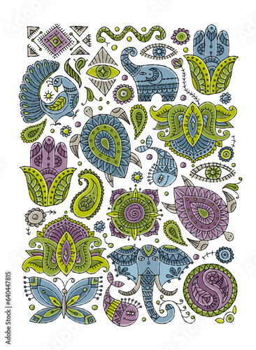 Indian vintage ornament for your design. Esoteric and animals, design element...