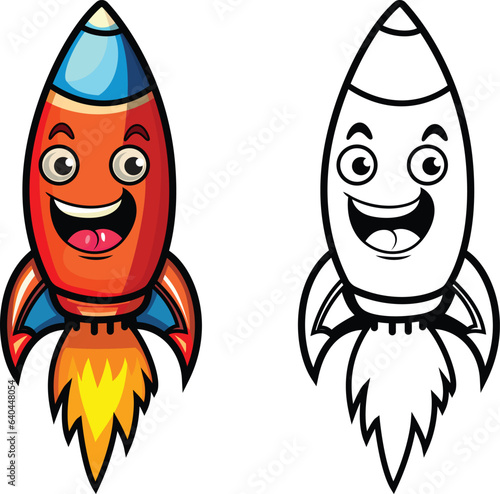 Happy Cartoon Rocket vector illustration , rocket spaceship with a smiling vector image , colored and black and white stock vector
