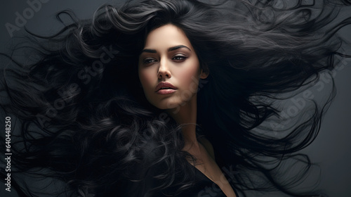 Portrait of a beautiful brunette woman with long curly hair, flying in the wind.