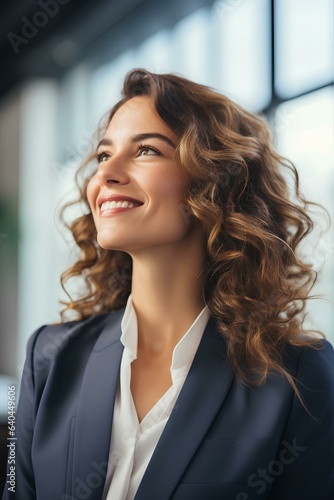 Smiling business woman executive looking away standing in office. businesswoman corporate manager leader thinking new business ideas. generative AI