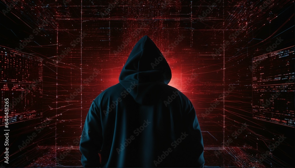 Anonymous hacker in black hoodie with network of glowing data and intricate code Anonymous hacker in black hoodie with network of glowing data and intricate code