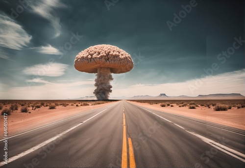 Tela Nuclear catastrophe with mushroom cloud - asphalt road to explosion, terrible at