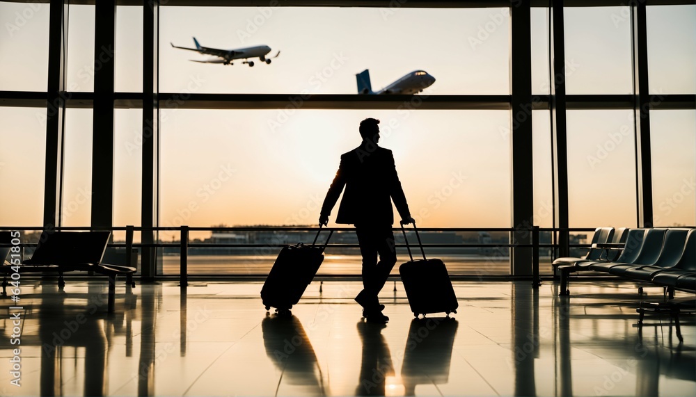 Airport sunset with silhouette of man waiting for his flight and anticipating travel journey departure and vacation Airport sunset with silhouette of man waiting for his flight and anticipating travel journey departure and vacation