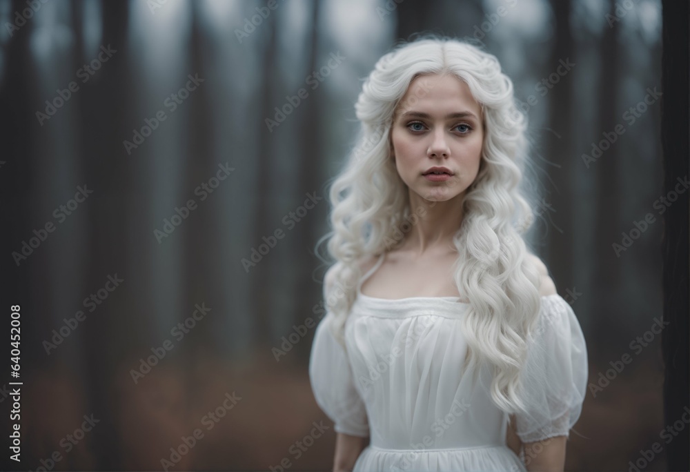Young girl fairy tale porcelain - snow-white hair, white dress, dreamlike stillness, serene beauty, futuristic Young girl fairy tale porcelain - snow-white hair, white dress, dreamlike stillness, serene beauty, futuristic