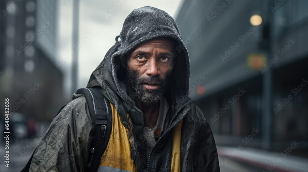 Black homeless garbage collector walking down the city street looking at the camera. Black homeless garbage collector walking down the city street looking at the camera.