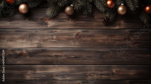 Fir branches with christmas decorations on a wooden background