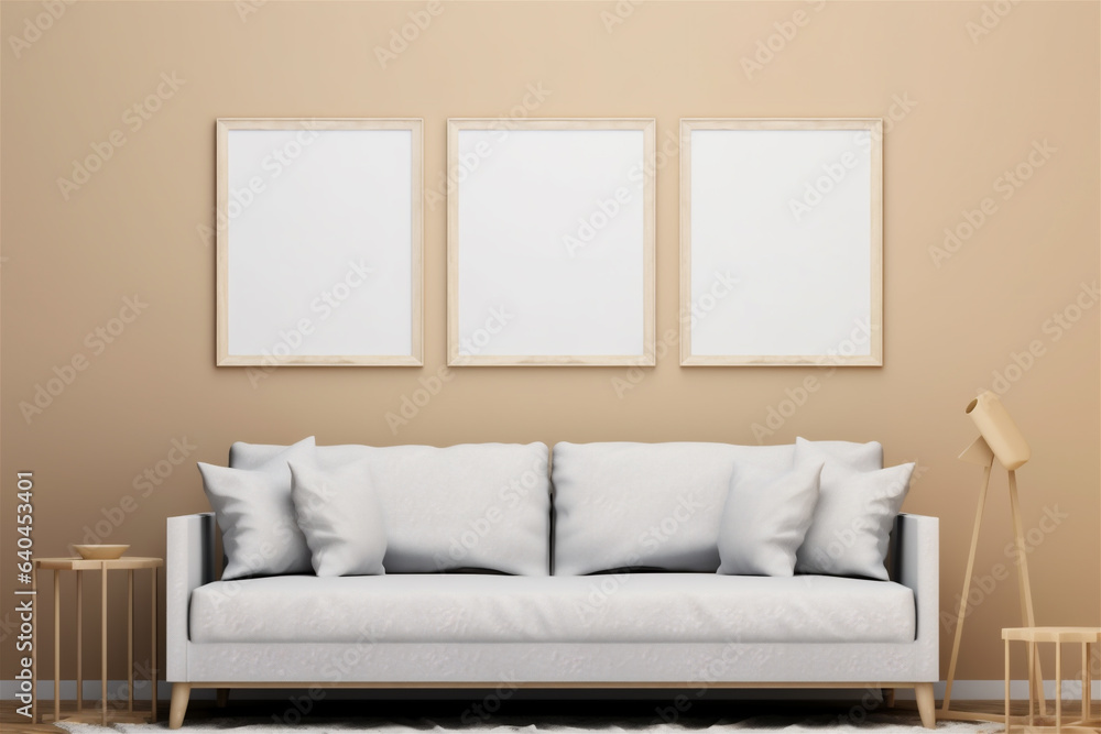 Poster Frame Mockup, Multiple White Framed Posters on a Wall in a Clean Minimal Modern Living Room, Generative AI Poster Frame Mockup, Multiple White Framed Posters on a Wall in a Clean Minimal Modern Living Room, Generative AI