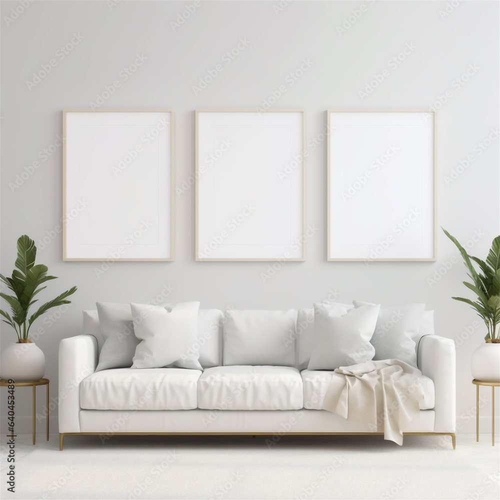 Naklejka premium Poster Frame Mockup, Multiple White Framed Posters on a Wall in a Clean Minimal Modern Living Room, Generative AI