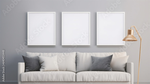 Poster Frame Mockup, Multiple White Framed Posters on a Wall in a Clean Minimal Modern Living Room, Generative AI