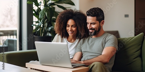 Diverse couple smiling together while sharing a laptop screen